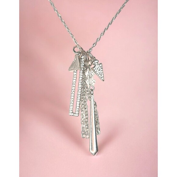 Boho Rhinestone Cluster Pendant Charm Necklace Silver Tone 30" - Picture 1 of 2